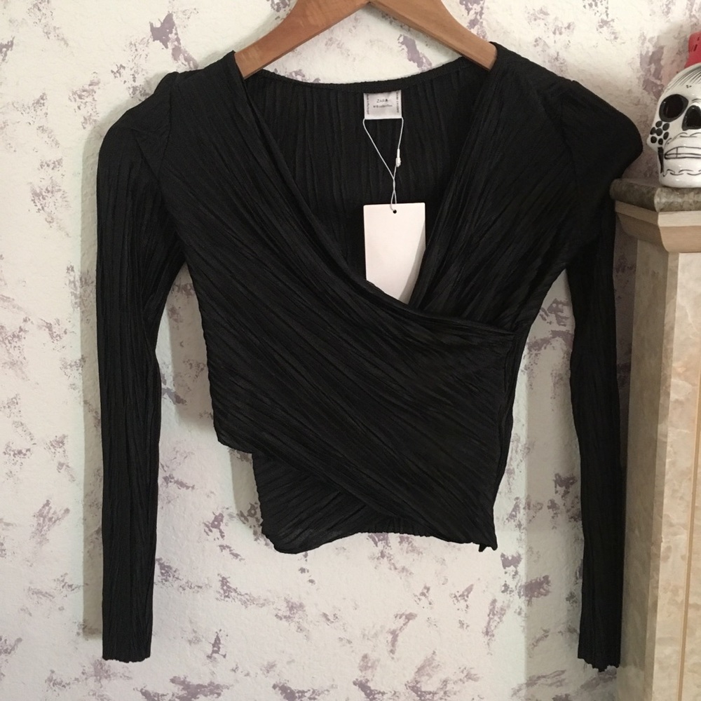 Zara black plisse wrap shirt